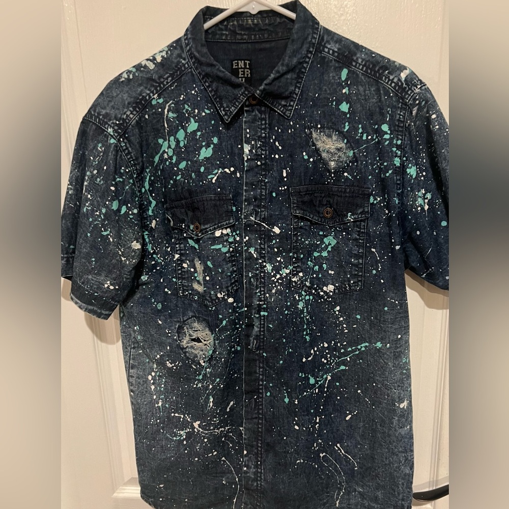 Enter the Void Splatter Denim Shirt.